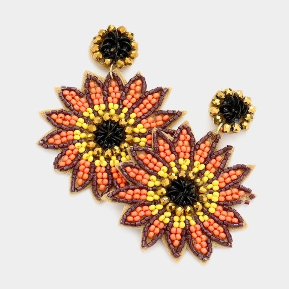 Orange yellow black Seed bead sunflower felt fashion earrings